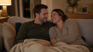 A husband and wife sitting close on the sofa in warm lamplight, talking with their phones put away