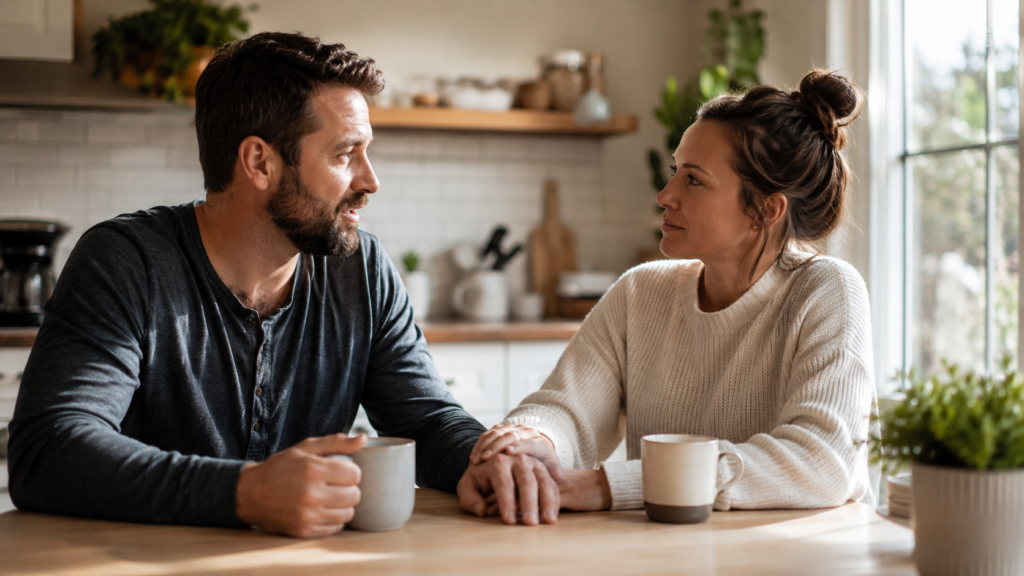 A husband and wife talking quietly over coffee at their kitchen table in morning light