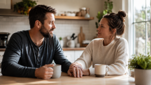 A husband and wife talking quietly over coffee at their kitchen table in morning light
