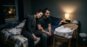 Exhausted parents sitting on a bed at night, smiling lovingly at their swaddled newborn sleeping in a bassinet