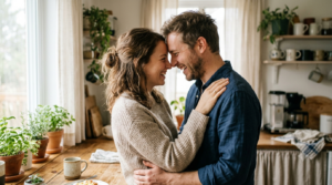 A young married couple in their late twenties in a sunlit kitchen, foreheads touching, both laughing, casual everyday clothes, her wedding ring visible on his shoulder