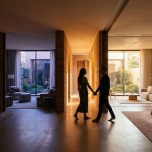 A couple holds hands in a warmly lit hallway of a modern home with open living spaces
