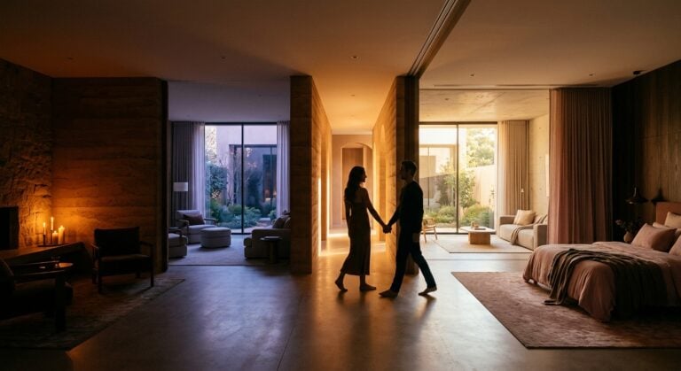 A couple holds hands in a warmly lit hallway of a modern home with open living spaces