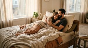 A smiling couple cuddling together under cozy blankets in bed