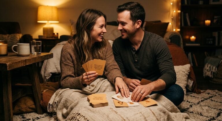 A smiling couple sitting on the floor in a warmly lit room, playing a conversation card game
