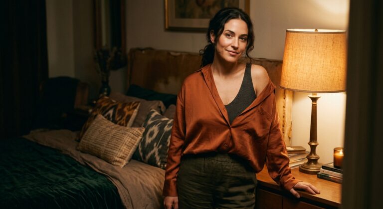 A smiling woman wearing an open rust-colored shirt standing in a cozy, warmly lit bedroom beside a table lamp