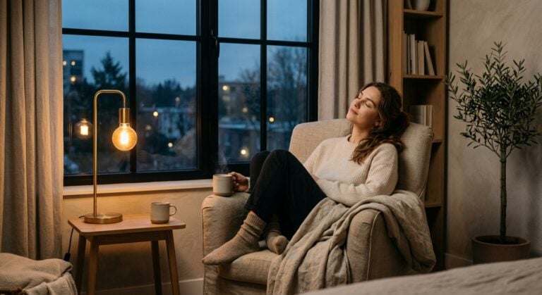 A woman relaxes in an armchair with eyes closed, holding a warm mug by a window lit by a glowing lamp at dusk