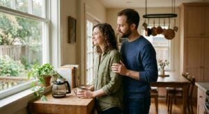 Man and woman standing together in a kitchen, looking out the window while holding a coffee mug