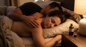 Man giving a back massage to a woman lying in bed, next to a bottle of Lavender Nights essential oil on the nightstand