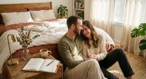Smiling couple sitting on the floor in a cozy bedroom, holding hands beside a wooden nightstand with coffee and a planner
