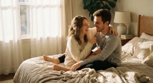 Young couple embracing and laughing while sitting on a bed in a bright, sunlit bedroom