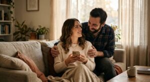 A smiling man embracing a woman holding a smartphone as they sit together on a sofa