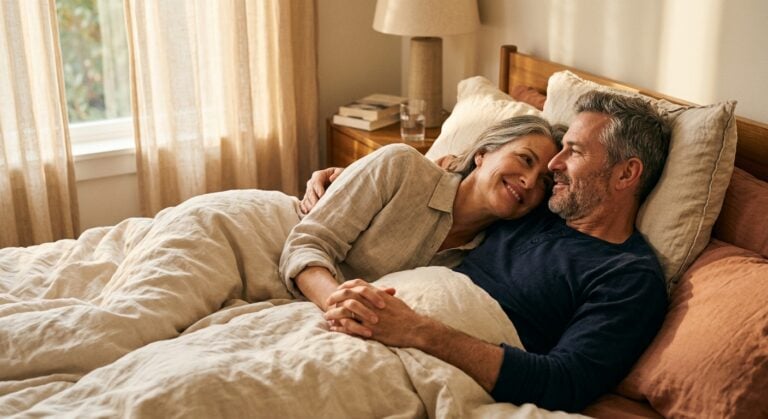 Mature couple lying in bed together, smiling and holding hands