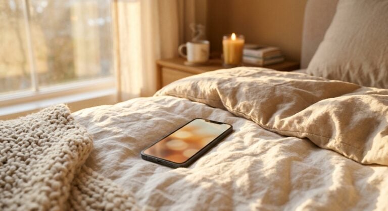 Smartphone resting on a cozy, sunlit bed with beige linen sheets