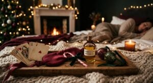 Wooden tray on a bed with Amber & Clove massage oil, playing cards, and a sleep mask in a cozy holiday bedroom