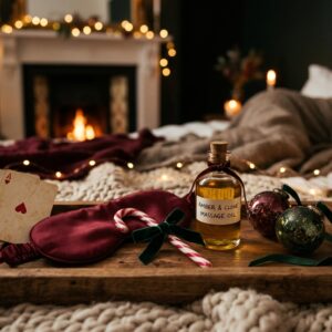 Wooden tray on a bed with Amber & Clove massage oil, playing cards, and a sleep mask in a cozy holiday bedroom